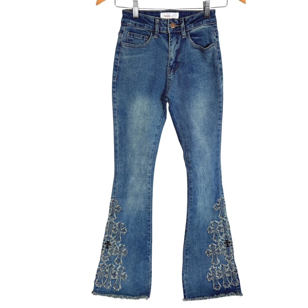 Bamboo Flare Jeans‎ Wide Leg Womens 0 Blue Cross Applique Raw Hem Stretch Denim